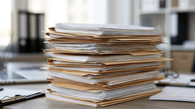 A massive stack of documents and paperwork sits on an office desk, symbolizing corporate administration and bureaucratic overload.