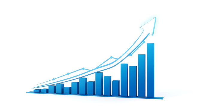 Blue Bar Chart with Ascending Growth Trend Line Illustrating Financial Success and Progress