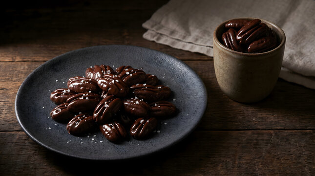 A plate of delicious chocolate covered pecans with sea salt on a rustic dark wooden surface for a gourmet dessert