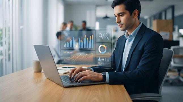 Businessman analyzing data visualization on holographic screen while working on laptop in modern office