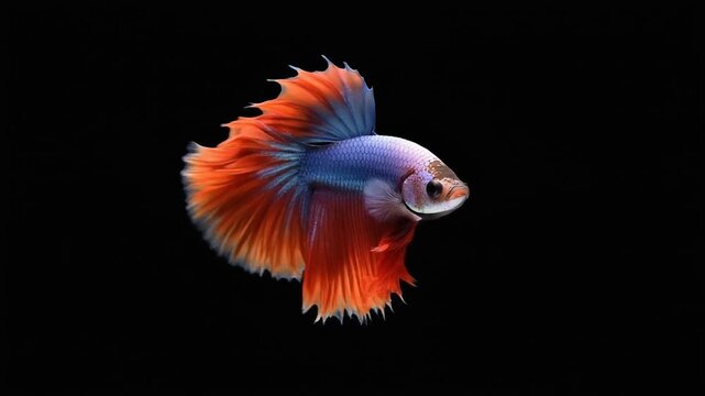 Betta fish swimming with flowing fins against black background cinematic motion