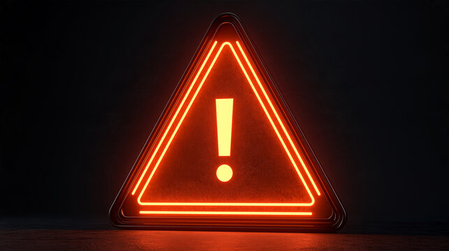 Glowing red neon warning sign with an exclamation mark in a dark environment. Industrial hazard concept for safety presentations.