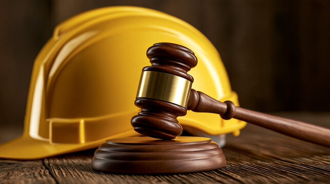 A wooden judge gavel resting in front of a yellow construction hard hat on a wooden table. Perfect for industrial law and labor dispute concepts.