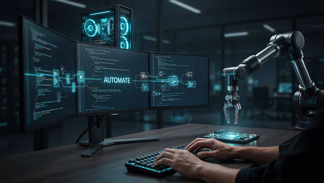 Data scientist analyzing futuristic code projections on holographic screens with robotic arm assistance