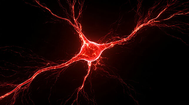 A glowing red neuron cell with branching dendrites pulsing against a dark background. Scientific visualization for neurological medical research presentations.