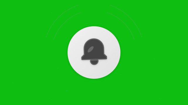 Animated bell notification icon on green screen, ringing alert symbol for social media, digital reminder button with motion graphics