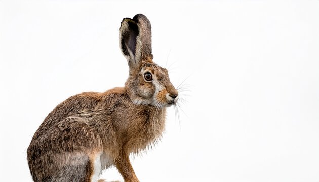 Alert European Brown Hare With Long Ears And Soft Fur Sitting Calmly On A Clean White Background Perfect For Wildlife And Nature Themes