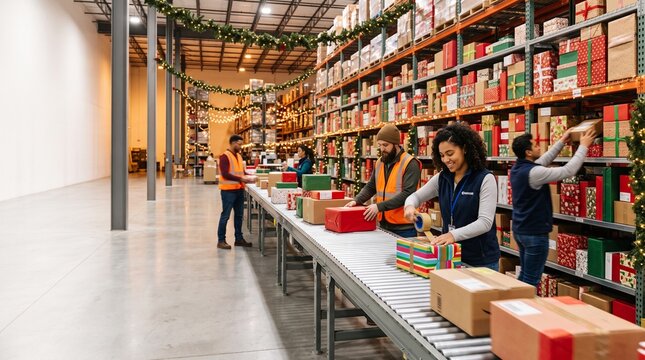 Employees packing holiday orders on conveyor belt in fulfillment warehouse