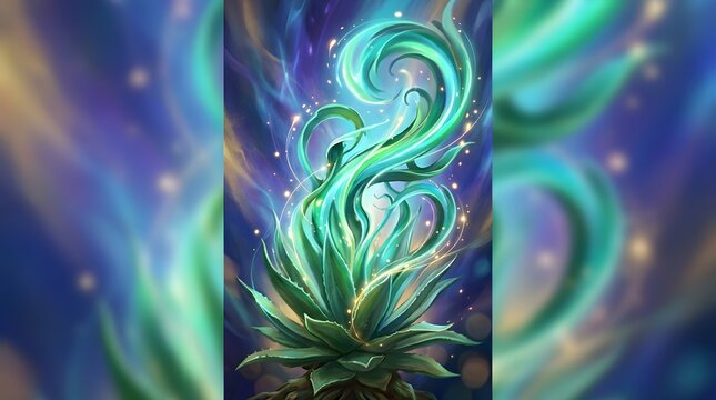 Magical Glowing Plant with Swirling Cyan Energy and Sparkles in a Fantasy World Setting