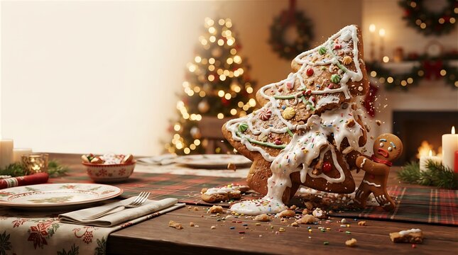 Delicious gingerbread tree cookie collapsing on wooden table while funny gingerbread man character reacts in surprise during cozy festive holiday