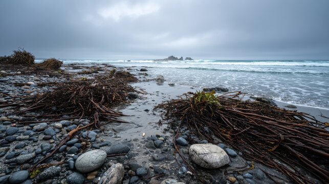 Hyperrealistic wide beach shot after storm with kelp and stones Canon EOS R5 24mm f8