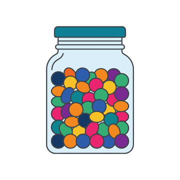 Glass jar filled with colorful round candies on white background