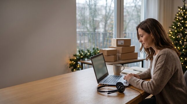 Customer service specialist working on a laptop at a desk with headset and shipping boxes