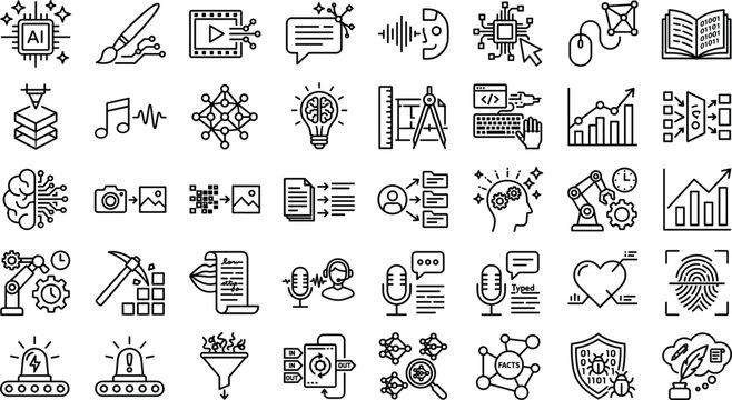 Machine learning algorithms and synthetic intelligence line icon vector set featuring neural net nodes data mining charts robot arms multimedia tools and biometric authentication