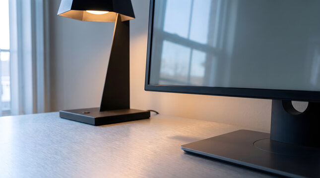 Modern computer scren and desk lamp on white wooden workspace surface in home office environment