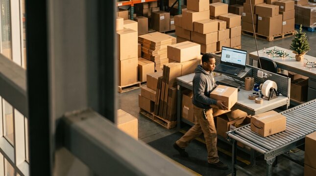 Warehouse employee moving packed parcel near packaging station and conveyor roller