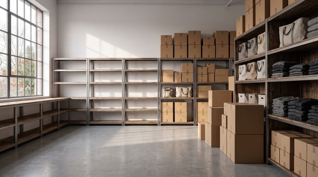 Modern bright warehouse storage room with metal shelving units and cardboard shipping boxes