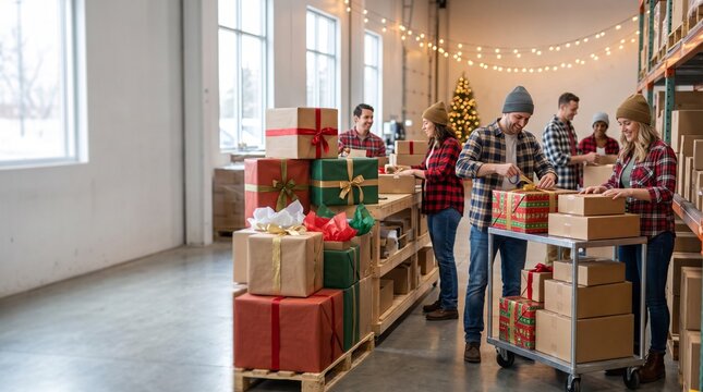 Employees packing holiday gifts and boxes in a decorated warehouse workshop