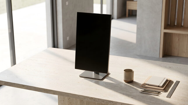 A sleek modern office setup featuring a computer scren in vertical orientation on a stone desk