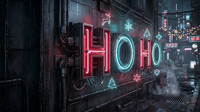 Hoho neon sign illuminating a dark wet industrial city alleyway during a festive christmas evening with bright glowing holiday decorations