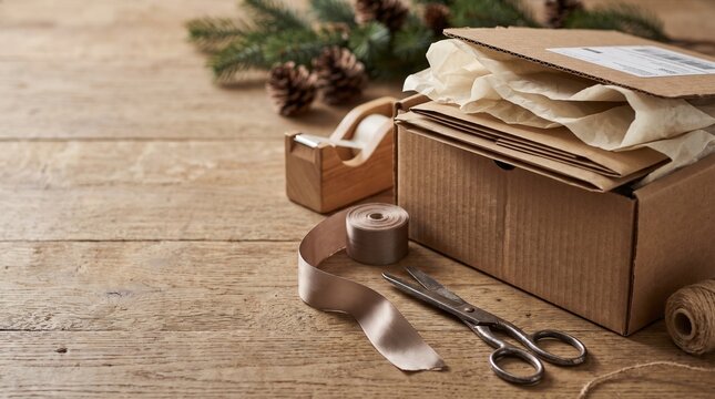 Holiday e-commerce packing station with cardboard box, ribbon, and scissors on a wooden table