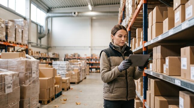 Warehouse employee checking inventory on a tablet in a large storage facility with shelves and boxes