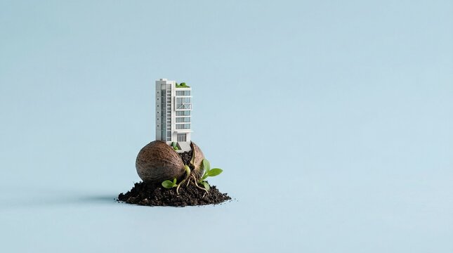 Conceptual image of a contemporary building miniature emerging from fertile soil with new plant life, representing sustainable urban growth and eco-friendly real estate investment