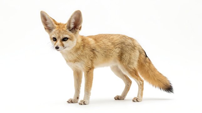 Fennec fox standing upright on four legs against plain white background with natural lighting