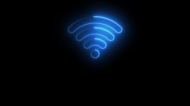 Neon bule Wi-Fi signal icon animation loop on Black background. High speed wireless internet connection.