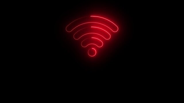 Neon red Wi-Fi signal icon animation loop on Black background. High speed wireless internet connection.