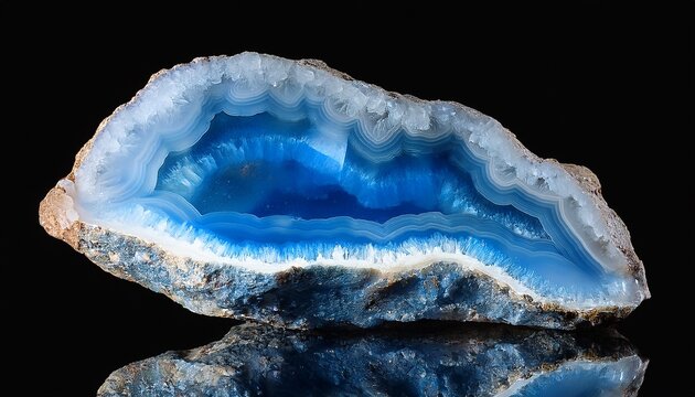 Geode With Crystals Of Blue Color Quartz Geode With Transparent Crystals On A Black Mirror Background