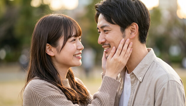 Asian couple smiling and looking at each other in a park, romantic relationship and lifestyle concept