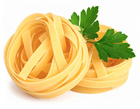 Homemade fresh fettuccine pasta with parsley, Italian cuisine, white background. AI