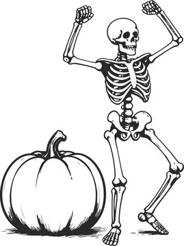 Halloween skeleton celebrating near large pumpkin outline drawing with spooky holiday theme