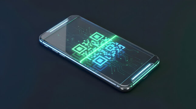 Smartphone scanning glowing digital qr code on dark background