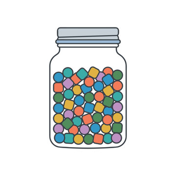 Glass jar filled with colorful geometric shapes and candies on white