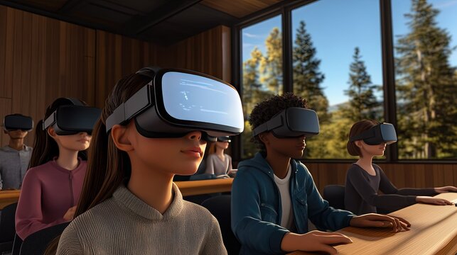 A group of students in a virtual classroom using VR headsets to explore a simulated environment, guided by AI-driven learning content.