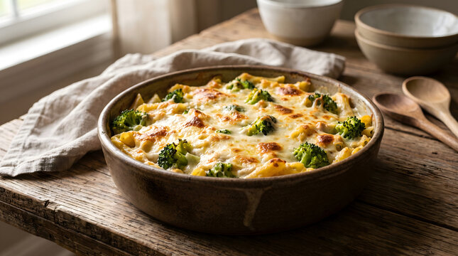 A fresh home cooked chicken broccoli ziti casserole served in a rustic ceramic bowl on a wooden farmhouse table setup