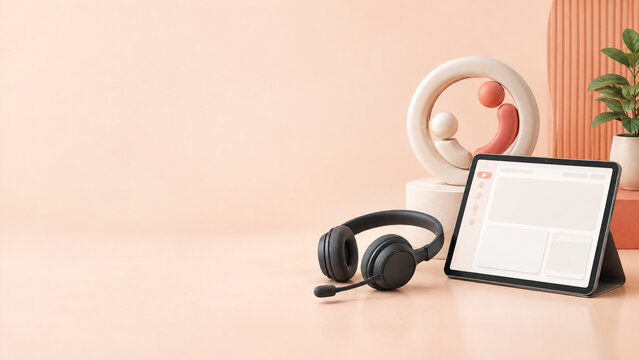 Modern remote work workspace with digital tablet and headset, professional home office equipment on peach background, online education and customer support concept