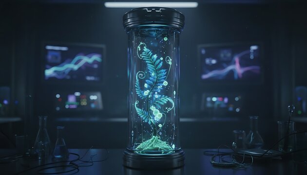 Glowing digital fish tank with aquatic creatures