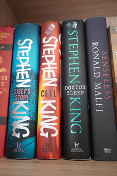 Row of horror and thriller novels by Stephen King and Ronald Malfi on a wooden bookshelf display