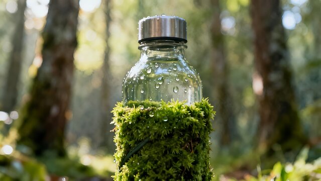 Glass bottle half buried in mossy forest floor