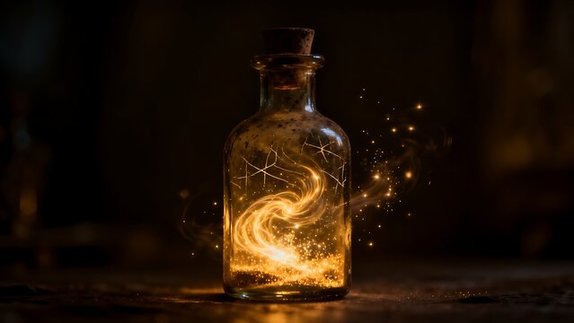 Mystical glowing swirls in a glass bottle