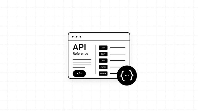 Animated black and white API reference documentation card UI with HTTP request methods