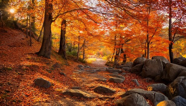 Autumn Forest Scene With Bright Orange And Yellow Leaves On Trees And Rocky Path