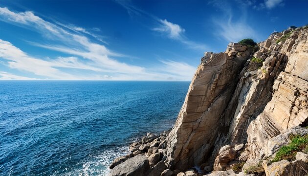 Rugged Coastal Cliff With Textured Rock And Blue Sky