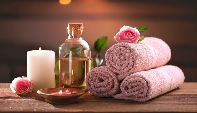 Spa Still Life With Candle Towels And Rose Oil