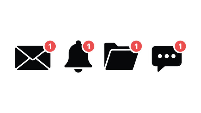 Notification badge vector icon set featuring unread envelope email, alert bell, folder update, and chat message bubble