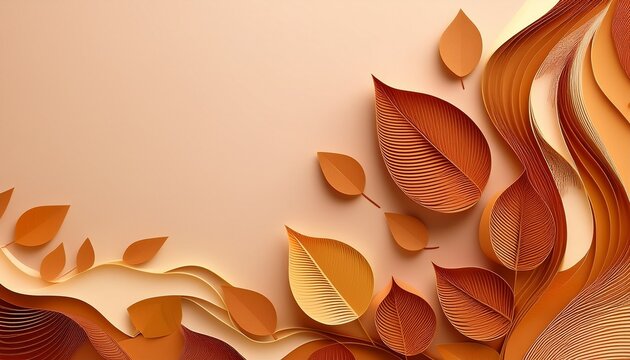 Abstract Autumn Background With Layered Paper Cut Wavy Leaves Golden Lines And Large Copy Space