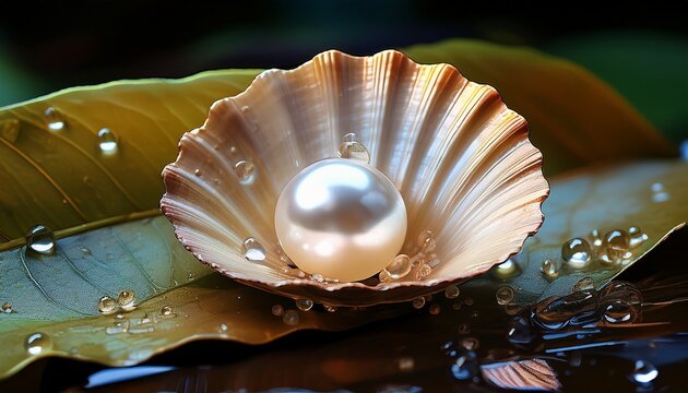 A Luminous Pearl Rests In A Seashell On A Wet Leaf With Water Droplets